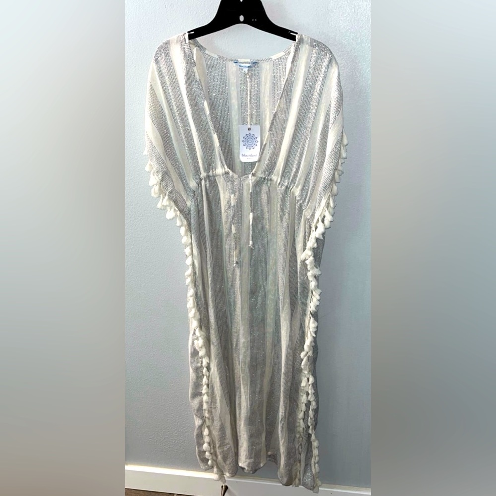 NWT Blue Island Swimsuit coverup, Silver and White sparkle, tassel sides L